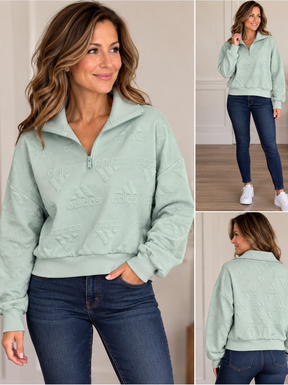 Adidas Women’s S Mint Green Embossed Logo 1/4 Zip Pullover Sweatshirt AEROREADY